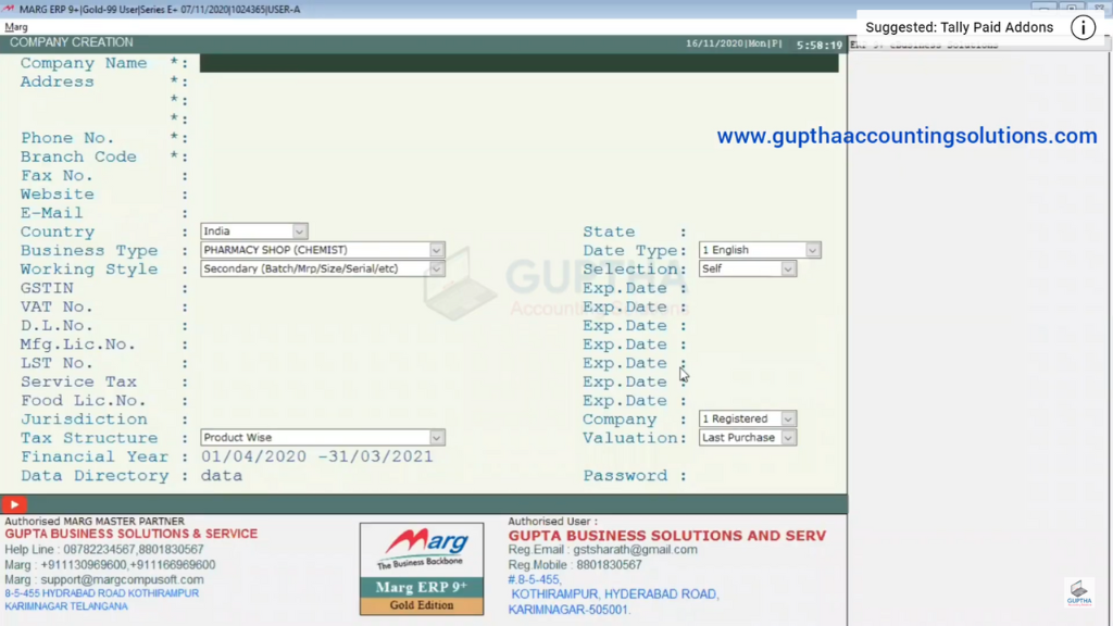 Company Creating process in Marg Software -1