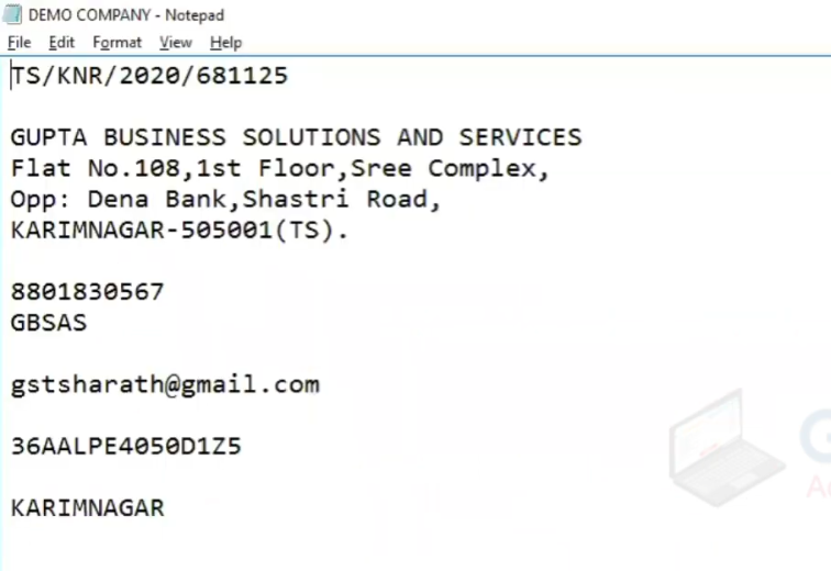 Sample Address for Company Creating in Marg Software