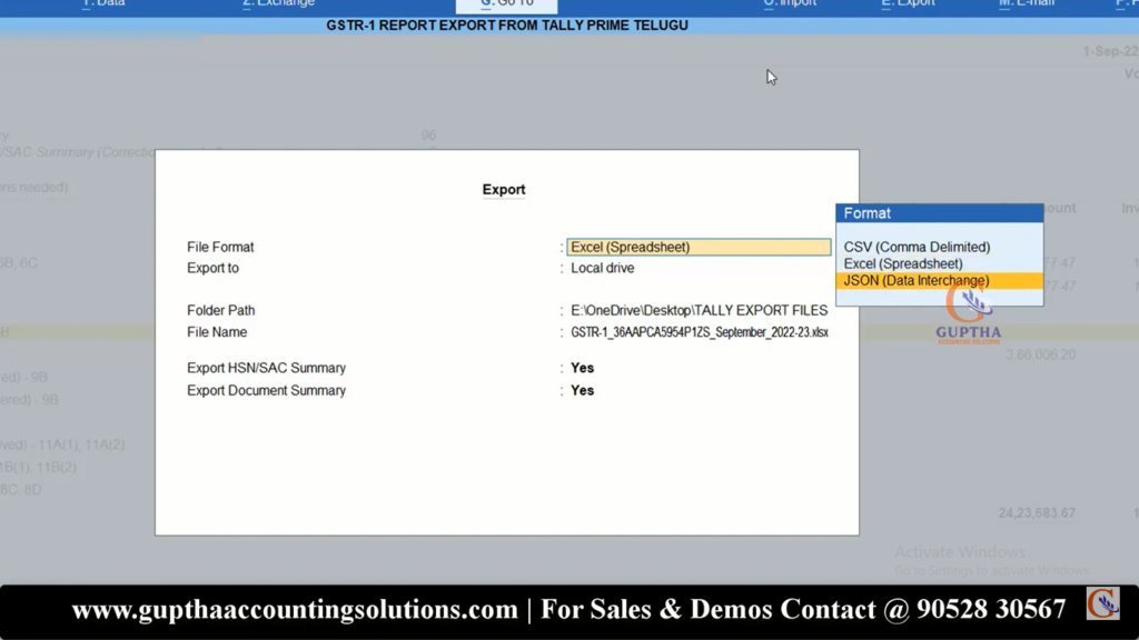 How to Export GSTR 1 Report Tally Prime into Excel, CSV, Json formats in Telugu 23