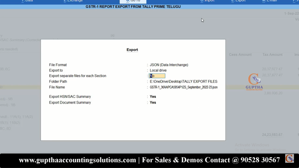 How to Export GSTR 1 Report Tally Prime into Excel, CSV, Json formats in Telugu 24