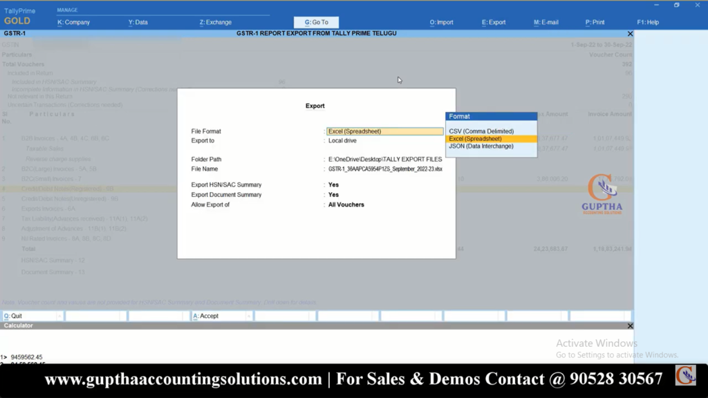 How to Export GSTR 1 Report Tally Prime into Excel, CSV, Json formats in Telugu 31