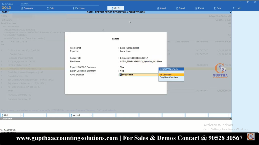 How to Export GSTR 1 Report Tally Prime into Excel, CSV, Json formats in Telugu 32-1