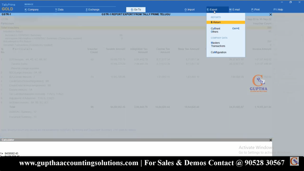 How to Export GSTR 1 Report Tally Prime into Excel, CSV, Json formats in Telugu 36