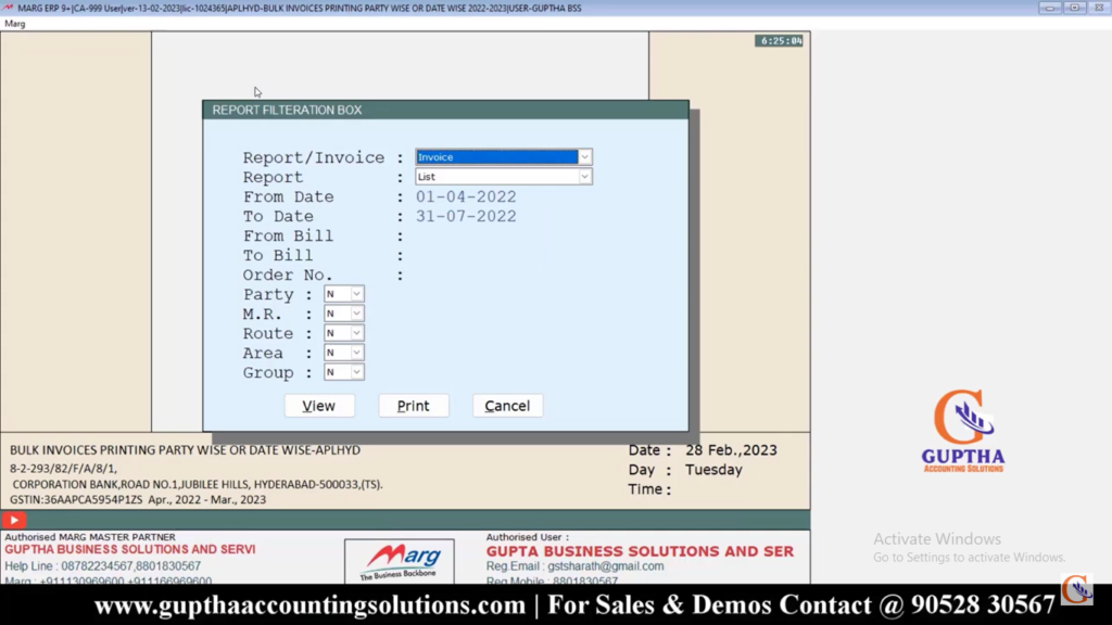 How to Print Bulk Sale Invoice or Return Invoices in Marg in Telugu 13