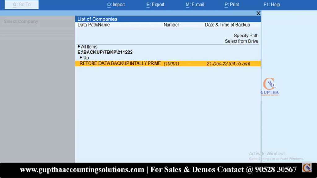 How to Restore data backup in Tally Prime in Telugu 10