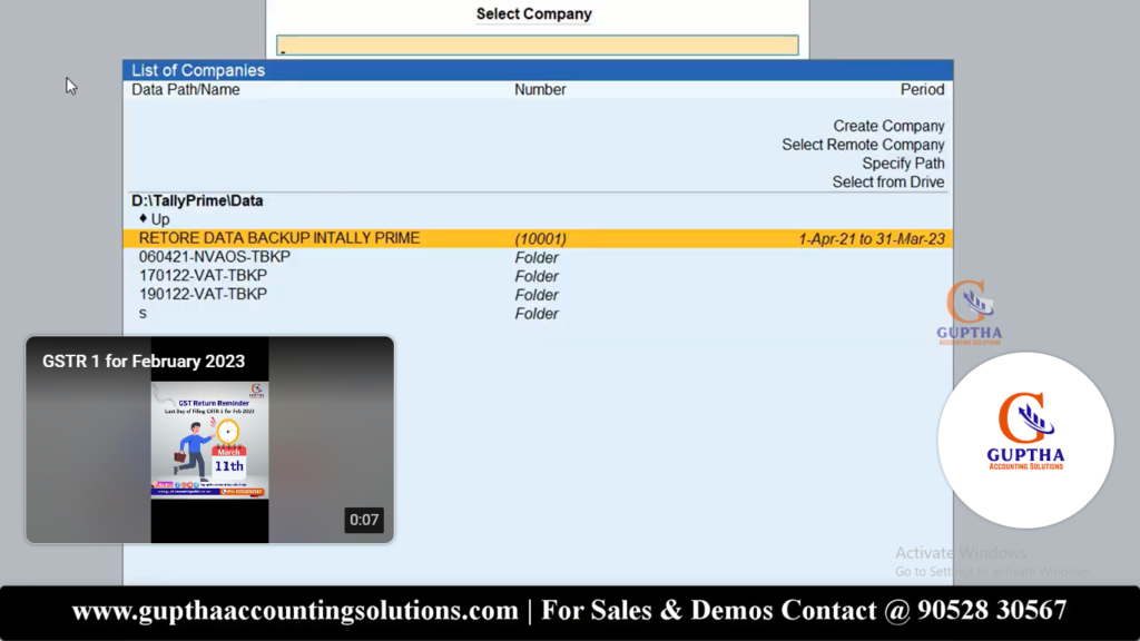 How to Restore data backup in Tally Prime in Telugu 19