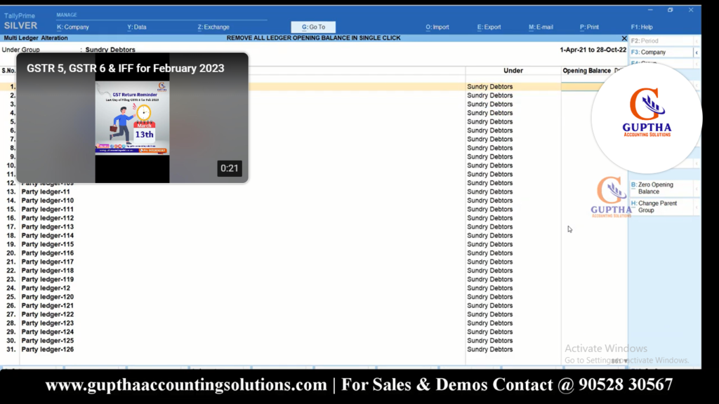 How to make All Ledgers Opening Balances to Zero in Tally Prime in Telugu 13