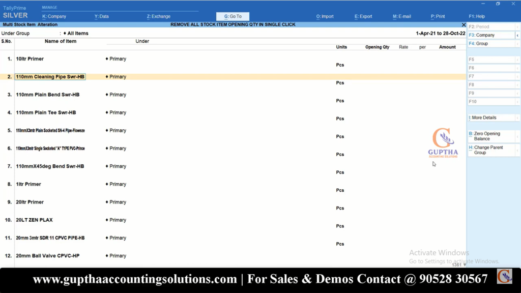 How to make All Items Stock Opening Quantity to Zero in Tally Prime in Telugu 13