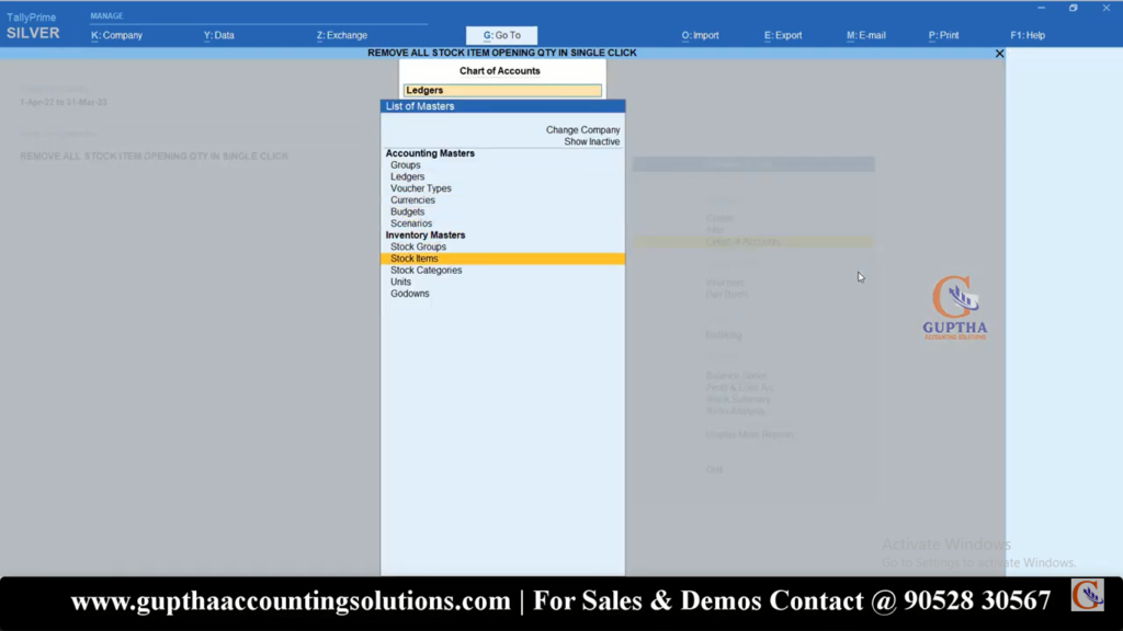 How to make All Items Stock Opening Quantity to Zero in Tally Prime in Telugu 9