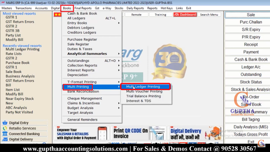 How to print Multi Ledgers in Marg ERP in Telugu 1