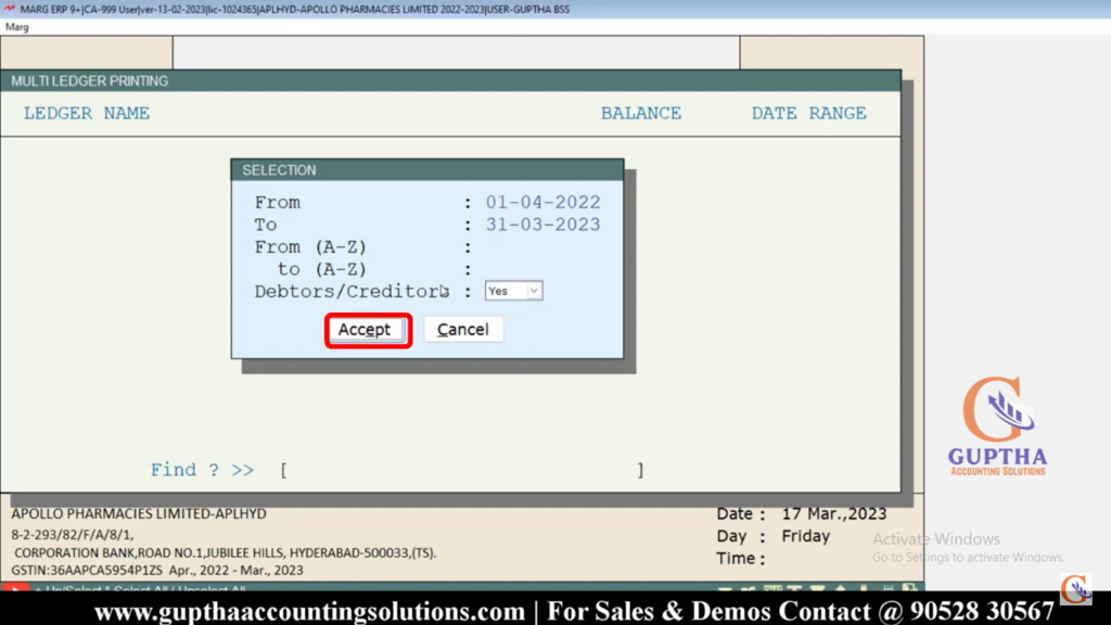 How to print Multi Ledgers in Marg ERP in Telugu 10