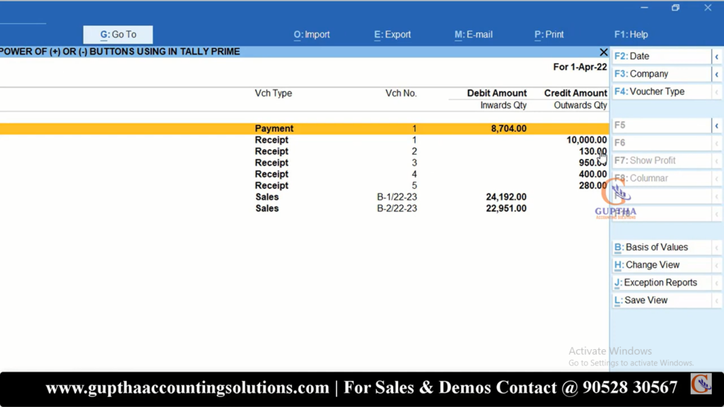 How to use Plus (+), Minus(-) Shortcuts in Tally Prime in Telugu 5